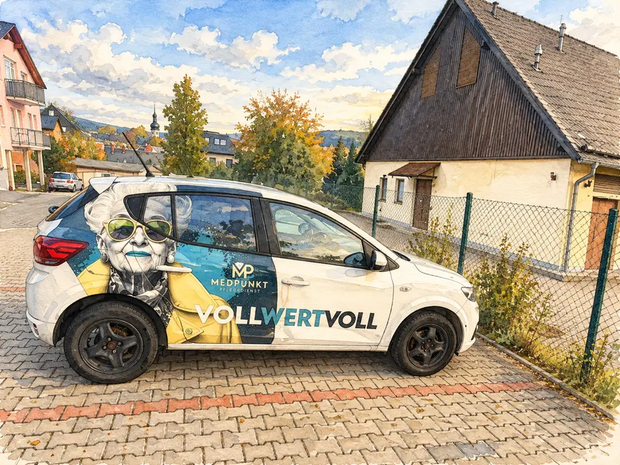 Aquarell: MedPunkt-Fahrzeug in einer Zwönitzer Straße