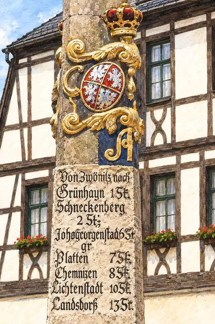 Aquarell: Zwönitzer Postmeilensäule mit Wappen