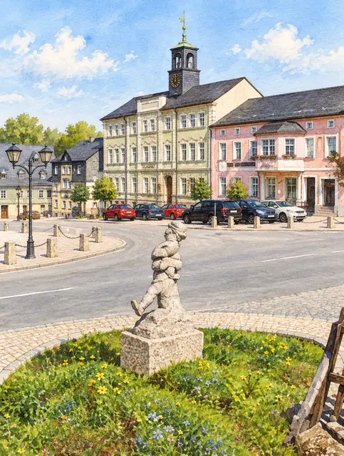 Aquarell: Markt in Zwönitz mit Rathaus und Schusterjungen-Denkmal