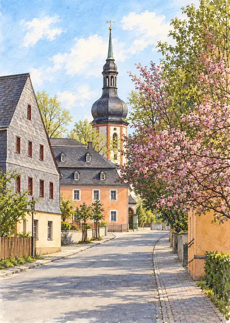 Aquarell: Straße mit Trinitatiskirche und MedPunkt-Fahrzeug